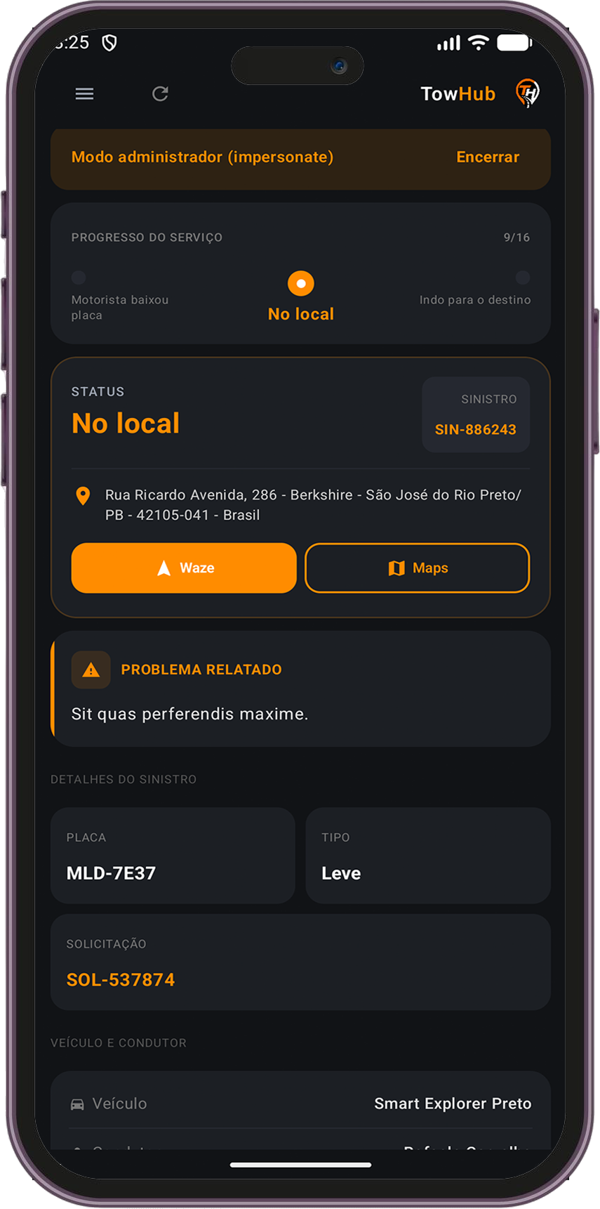 Aplicativo mobile TowHub exibindo o serviço no local