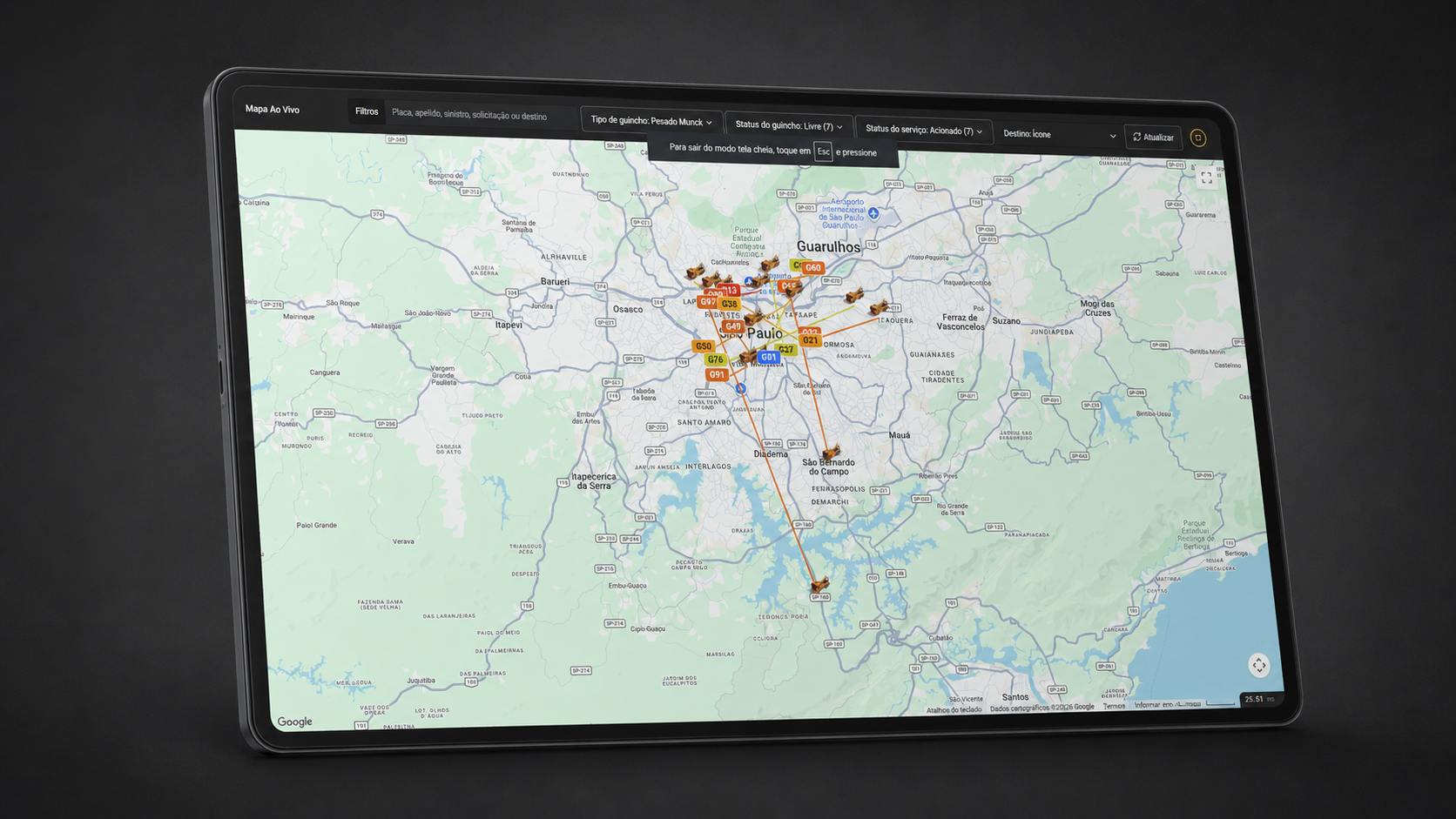Mapa ao vivo com a frota e rotas TowHub